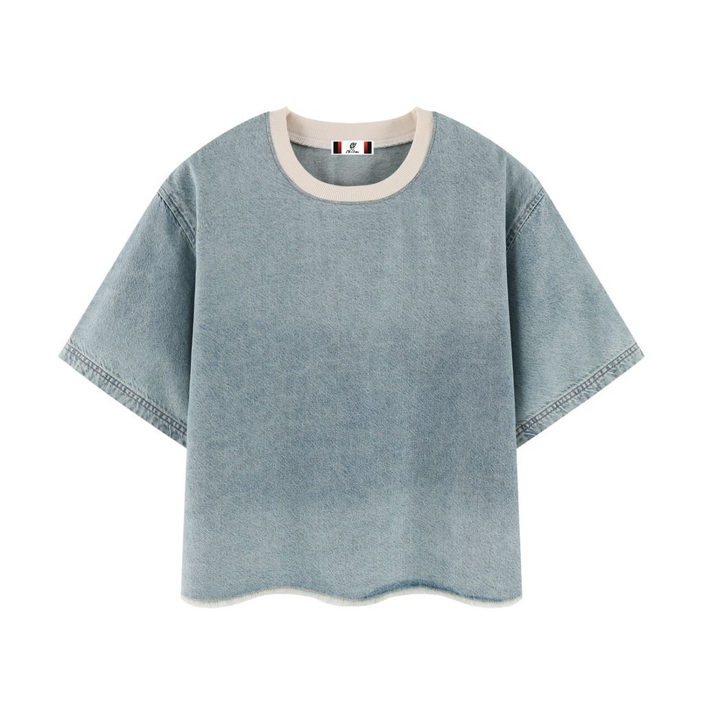 Unisex Vintage Wash Boxy Raw Hem Denim T-Shirt