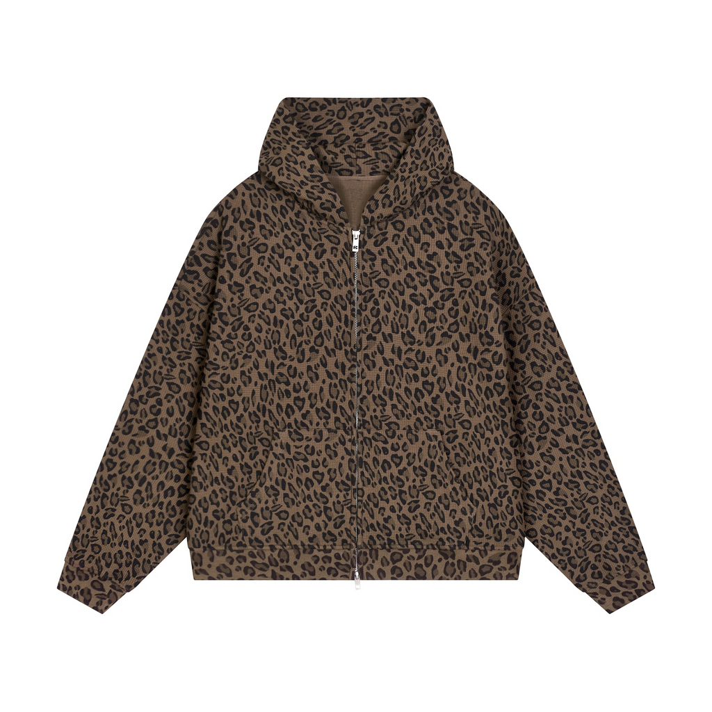 Unisex Leopard Print Waffle Full Zip Hoodie
