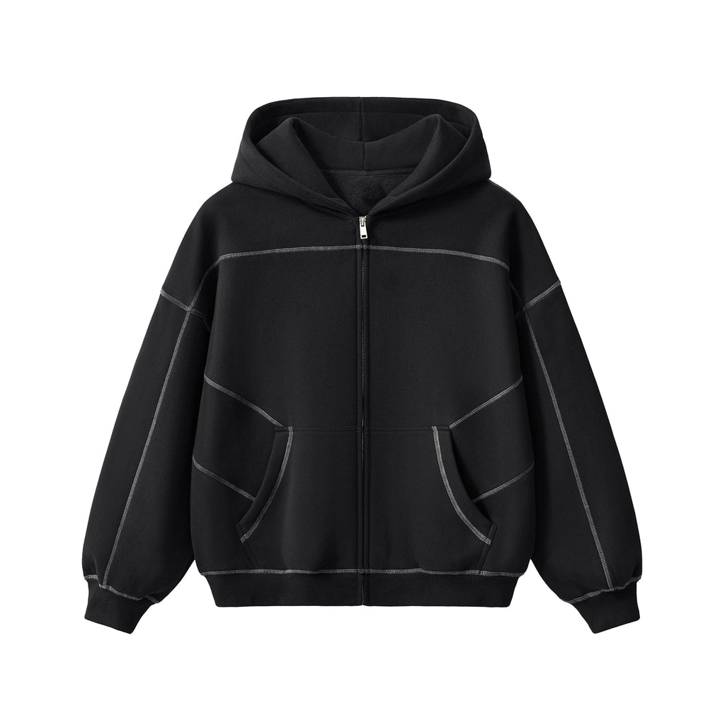 Contrast-Stitched Boxy Fleece Zip Hoodie