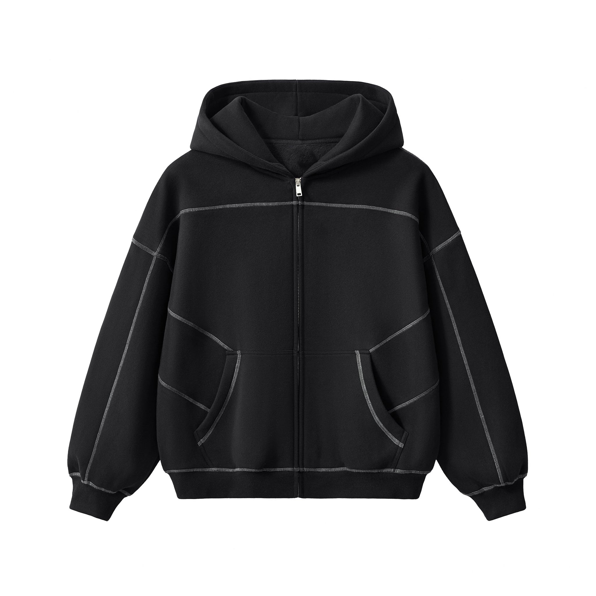Contrast-Stitched Boxy Fleece Zip Hoodie