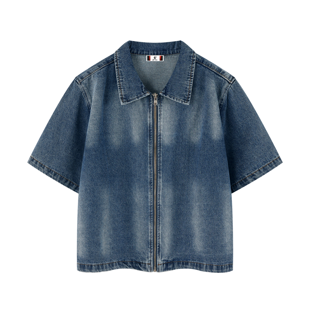 Unisex Vintage Washed Full-Zip Denim Shirt
