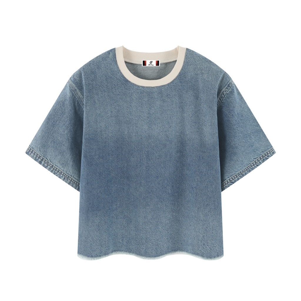 Unisex Vintage Wash Boxy Raw Hem Denim T-Shirt