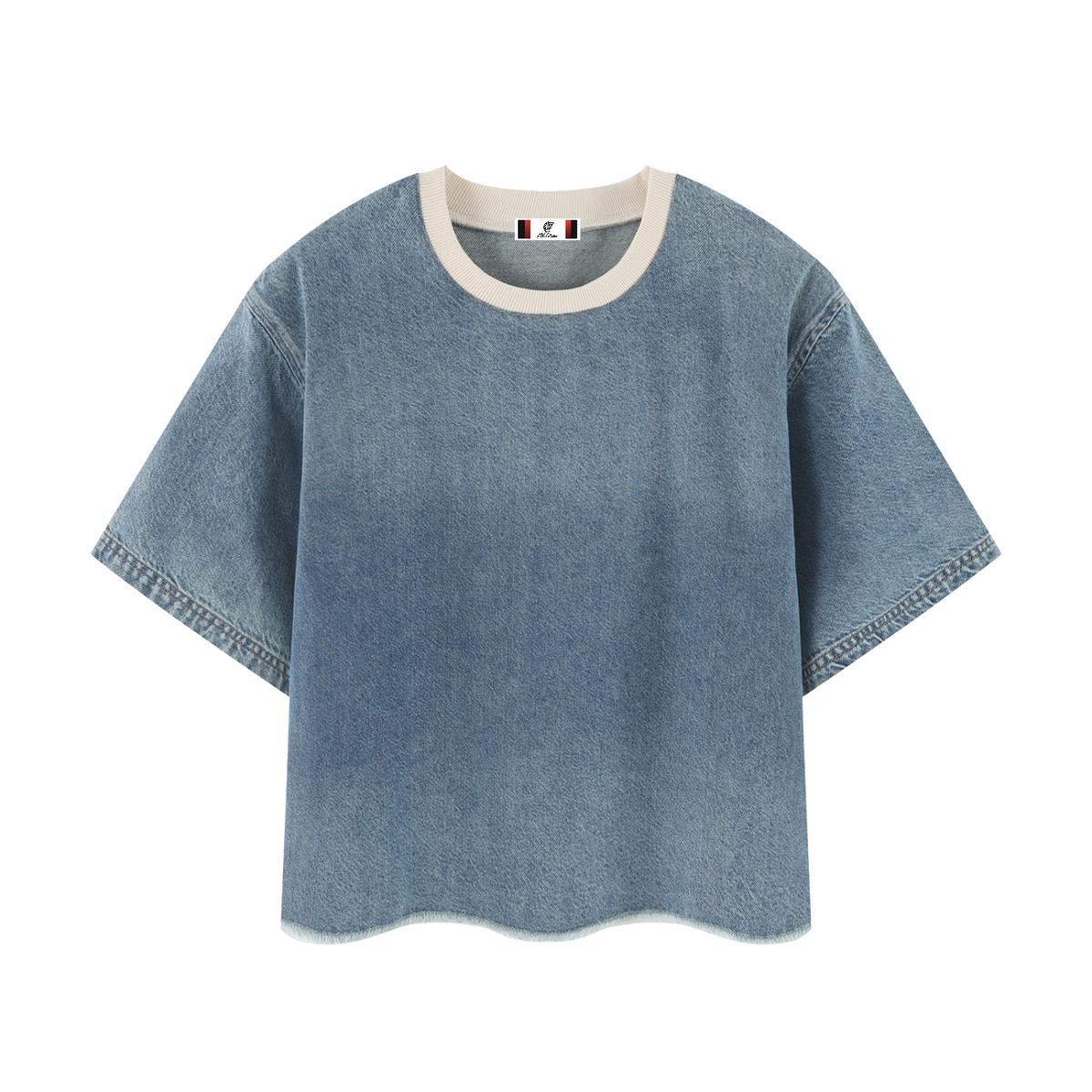 Unisex Vintage Wash Boxy Raw Hem Denim T-Shirt