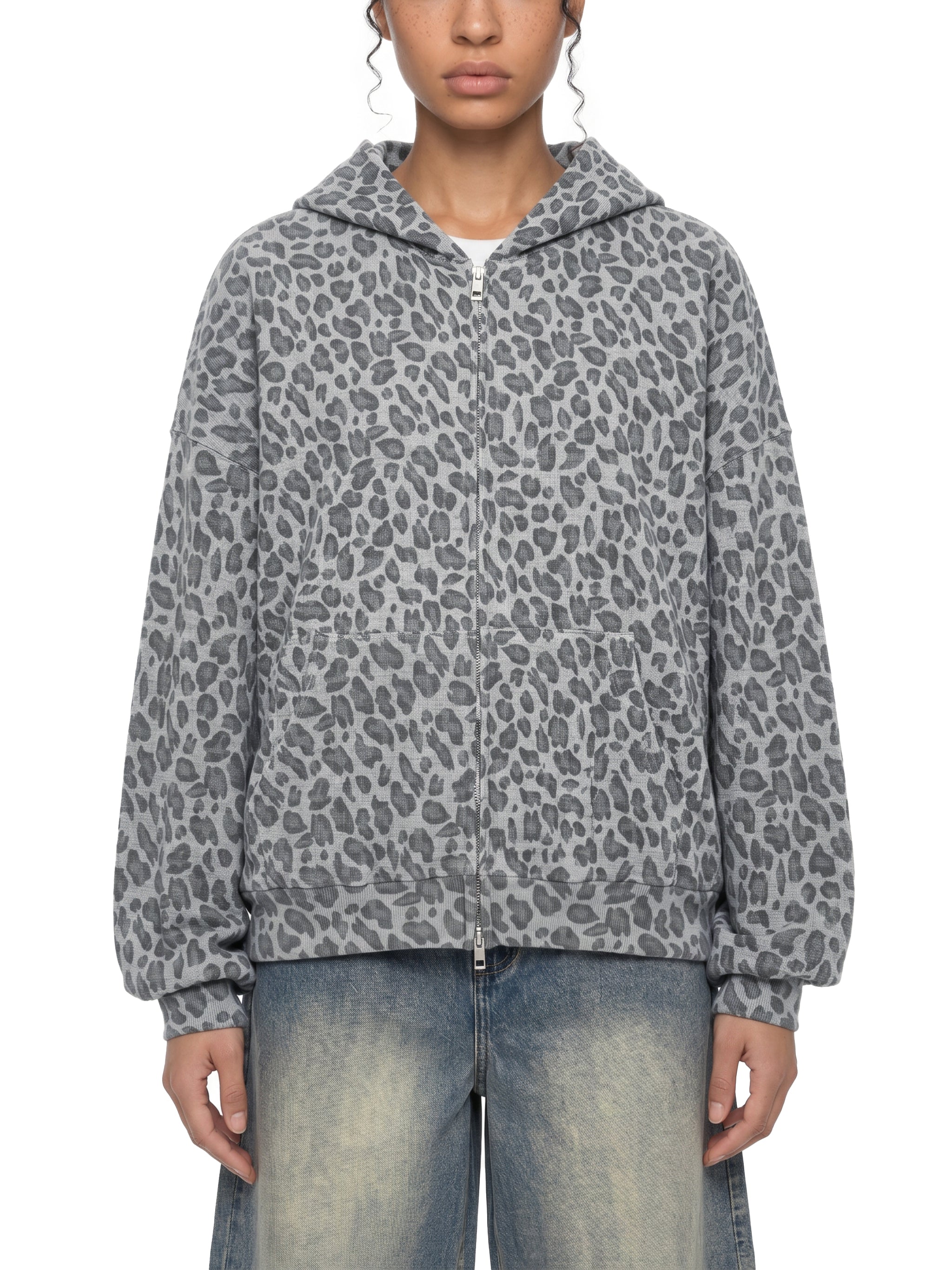 Unisex Leopard Print Waffle Full Zip Hoodie