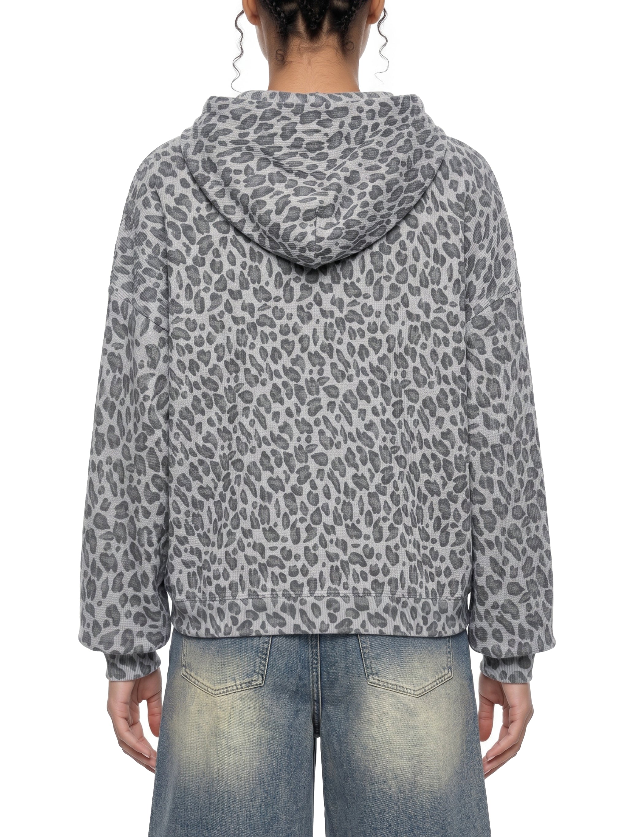 Unisex Leopard Print Waffle Full Zip Hoodie
